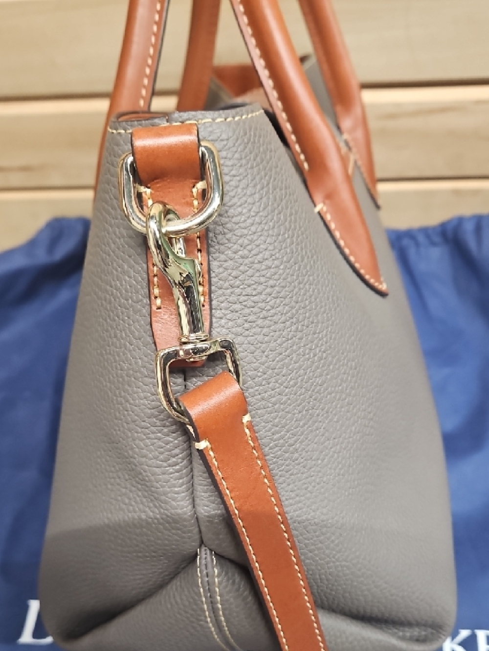 Dooney & Bourke Gray Pebble Leather Satchel with Tan Trim - Picture 4 of 15